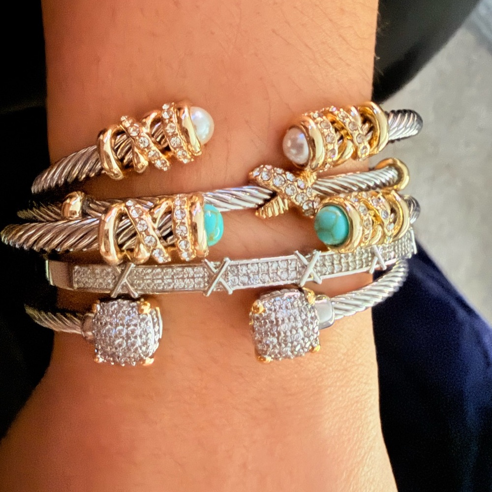 Fashion Jewelry Gold & Silver Cable Bangles with Turquoise and Pearl Accents..